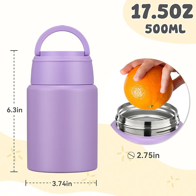 17oz Soup Thermo for Hot Food Kids Insulated Food Jar,Thermo Hot Food Lunch Container, Width Mouth Stainless Steel Lunch Box for Kids with Handle Folding Spoon(Purple-Pure)