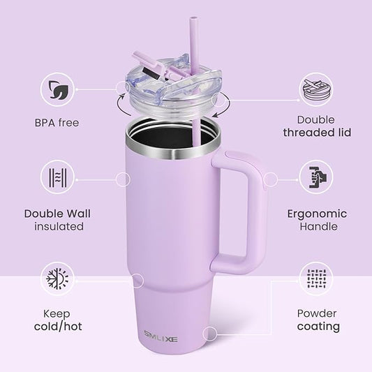30 oz Tumbler with Handle, Tumbler with Lid and Straw, Double Wall Vacuum Insulated Travel Mug Stainless Steel Tumbler for Hot and Cold, Cupholder Friendly (Purple)