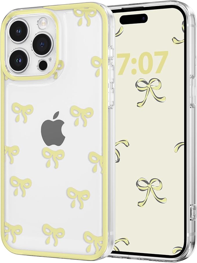 EYZUTAK Case for iPhone 11 Pro, Clear Cute Ribbon Bowknot Pattern Aesthetic Transparent Phone Case Raised Camera Protection Stylish Slim Soft Durable TPU Protective Cover for Women Girls - Yellow