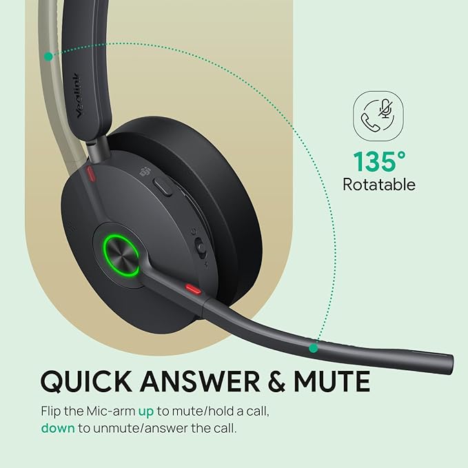 Yealink BH74 with Stand Active Noise Canceling Wireless Headset with Mic for Work, 6-mics Hybrid ANC Microsoft Teams Premium Open Ofﬁce Certified Headsets Bluetooth 5.3, up to 32h Talk, UC Compatible