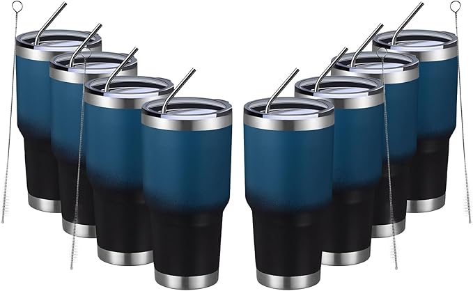 MEWAY 30oz Insulated Tumbler With Lids and Straws,Stainless Steel Double Vacuum Coffee Tumbler Cup, Brush, Durable Powder Coated Coffee Cup for Cold & Hot Drinks(Blue Black, 8 PACK)