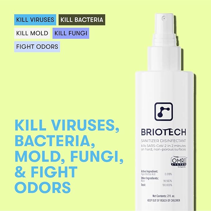 BRIOTECH Sanitizer Disinfectant Hypochlorous Spray, Kill 99.99% of Viruses & Bacteria, Control Mold, Eliminate Odor, Gentle for Nursery & Play Rooms, Food Contact Surface Sanitizer, 32 fl oz (4 Pack)