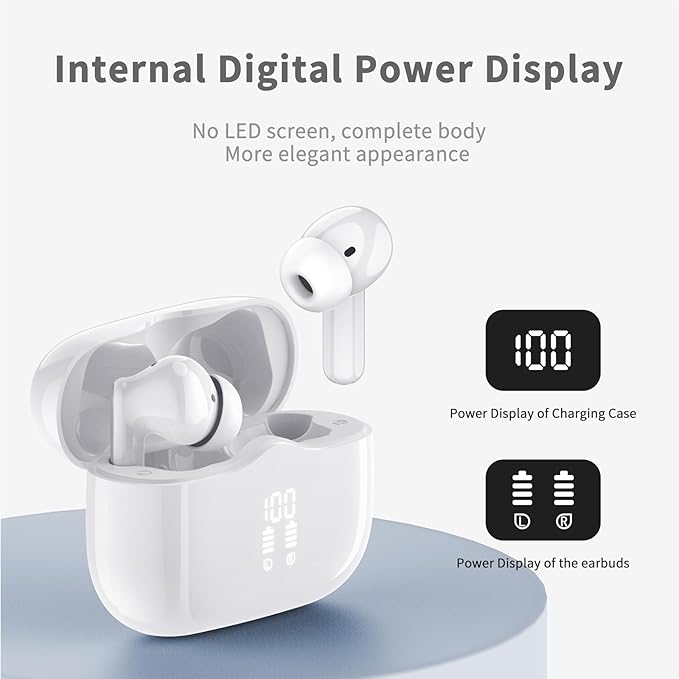 Wireless Earbuds, Bluetooth 5.4 Headphones in Ear with 4 ENC Noise Cancelling Mic, New Wireless Earphones HiFi Stereo Deep Bass 40H Playtime, In-Ear Bluetooth Earbuds LED Display IP7 Waterproof, White