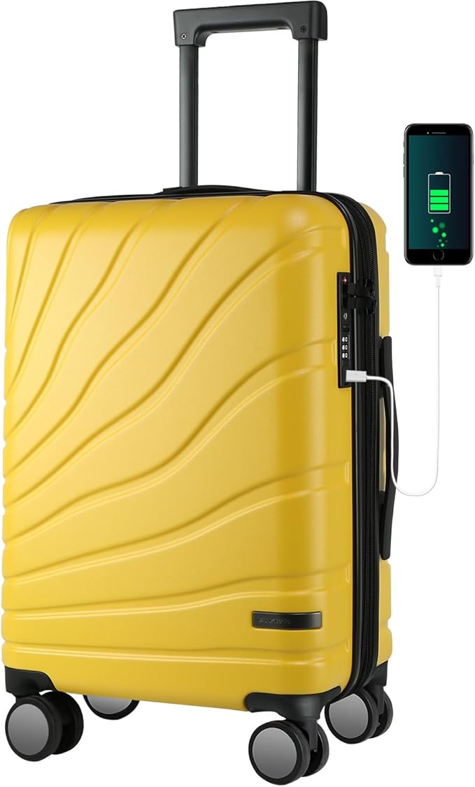 VANKEAN Carry On Luggage with Spinner Wheels & TSA Lock, Expandable Fashionable Hard Shell Suitcase airline approved，20 Inch Carry-On，Yellow