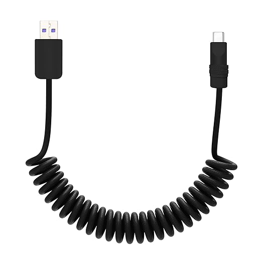 chubbycable Curly Chubby Retractable Fast Charging Cable 120W Coiled Charger Cord for Car Durable USB C Cable Compatible with iPhone 16/15 Series, Black+Black, USB-A to Type-C, 1.3FT-2.3FT