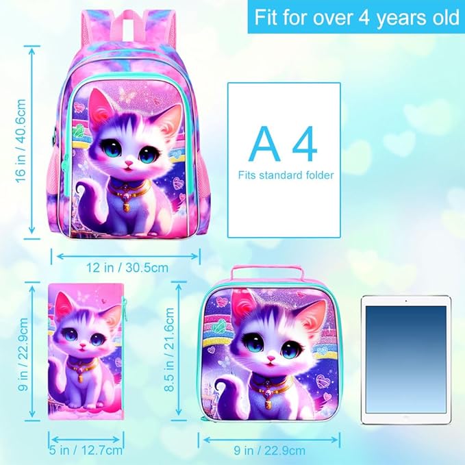 3Pcs Cat Backpack for School, 16" Girls Bookbag with Lunch Box, Kids Backpacks Set for Elementary Preschool Kindergarten(Pink)