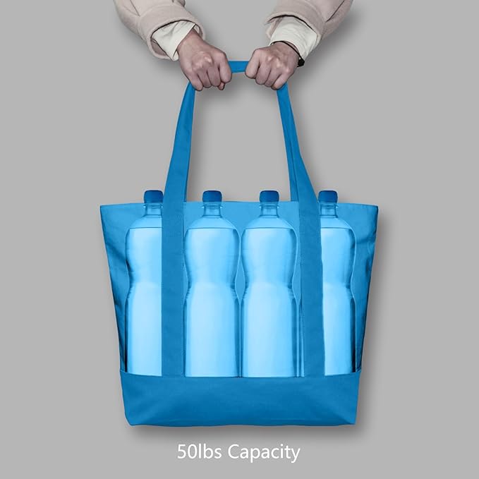 TOPDesign 3-Pack Canvas Tote Bags with an External Pocket, Reusable Grocery Shopping Bags, Top Zipper Closure, Daily Essentials (Ocean Blue)