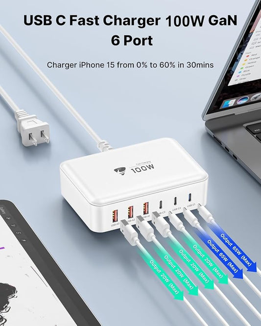 USB C Fast Charger, 100W GaN 6 Port USB C Fast Charging Station Hub Block Cube, QC USB A and PD USB c Wall Charger Power Multiple USB Charger Plug for iPhone 16 15 14 13 12 Pro Max, MacBook, Samsung