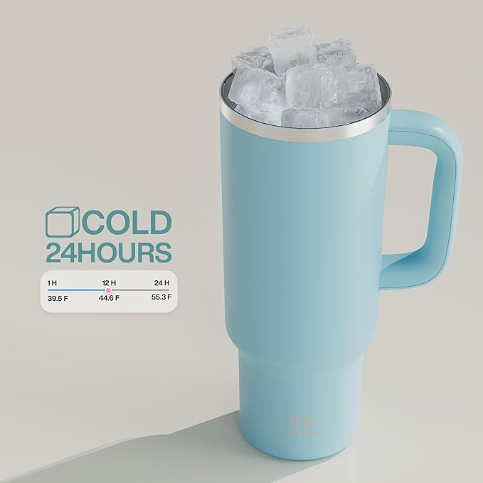 40 oz Tumbler with Handle and Straw: Stainless Steel Insulated Tumbler Keeps Cold for 24 Hours, Leakproof Travel Cup Fits in Cup Holder and BPA-Free, Pewter Blue