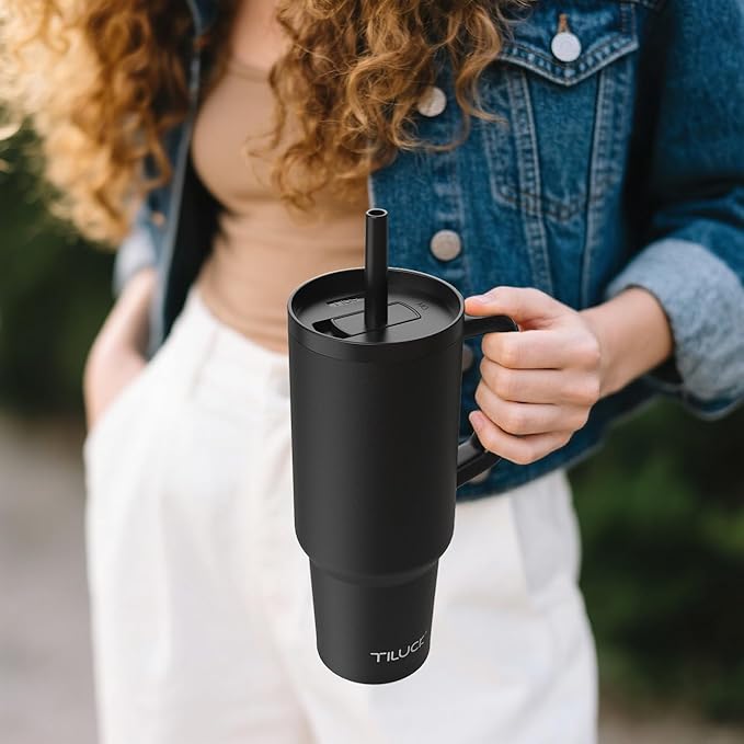TILUCK 40 oz Tumbler with Handle, Vacuum Insulated Stainless Steel Travel Mug with 100% Leak-Proof Silicone Straw Lid, Cupholder Friendly Water Bottle(MidnightBlack, 40oz)