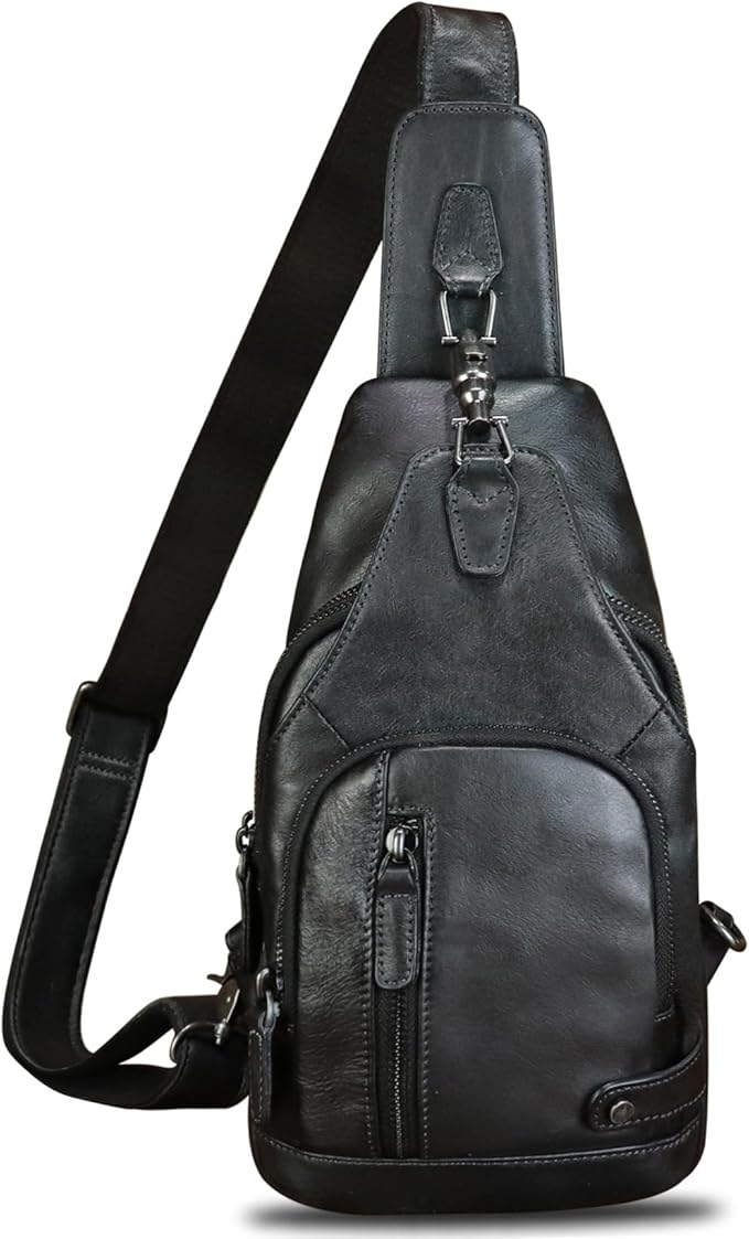 IVTG Genuine Leather Sling Bag Vintage Crossbody Shoulder Bag Handmade Casual Backpack Fanny Purse Chest Bag (Black)