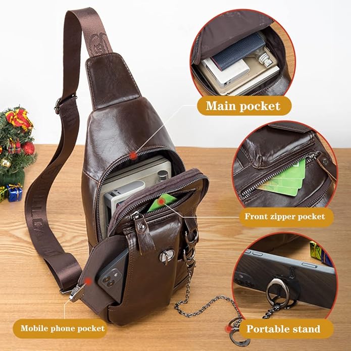 KPYWZER Vintage Leather Sling Bag Backpack for Men Crossbody Shoulder Chest Day Pack Backpacks