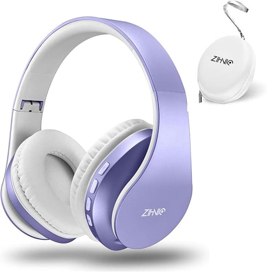 ZIHNIC Bluetooth Headphones Over-Ear, Foldable Wireless and Wired Stereo Headset Micro SD/TF, FM for Cell Phone,PC,Soft Earmuffs &Light Weight for Prolonged Wearing (Purple)