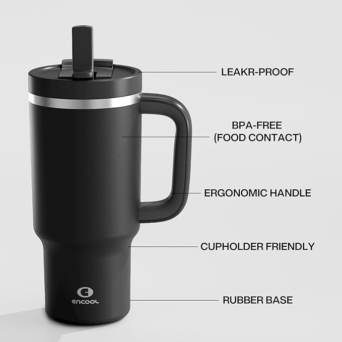 32 oz Tumbler with Handle and Straw: Stainless Steel Insulated Tumbler Keeps Cold for 24 Hours, Leakproof Travel Cup Fits in Cup Holder and BPA-Free, Black Night