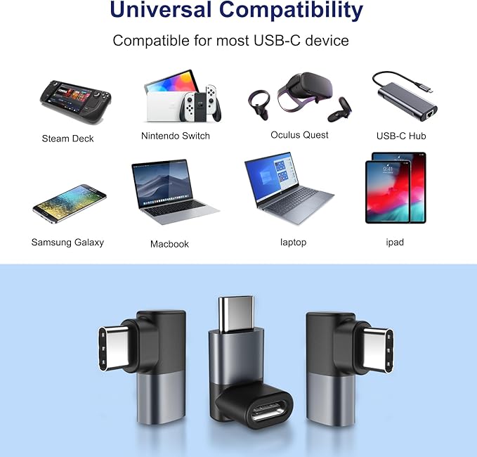 Basesailor 90 Degree USB C Adapter 3Pack,Right Angle USBC Male to Type C Female Extender Connector,USB4 40Gbps 100W Thunderbolt 4 3 Extension Converter for iPhone 17 16 Pro Max,Steam,Switch,MacBook,PC