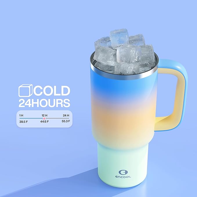 32 oz Tumbler with Handle and Straw: Stainless Steel Insulated Tumbler Keeps Cold for 24 Hours, Leakproof Travel Cup Fits in Cup Holder and BPA-Free, Sunny Breeze