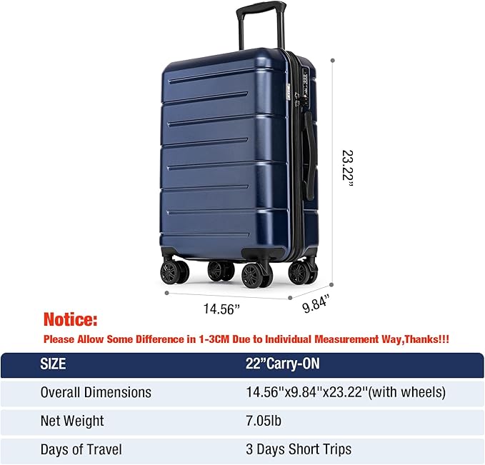 KYME Carry On Luggage 22x14x9 Airline Approved with Cup Holder Hardside Carry On Suitcase with Spinner Wheels TSA Lock Hardshell 22 inch Travel Rolling Luggage for Women Men Navy