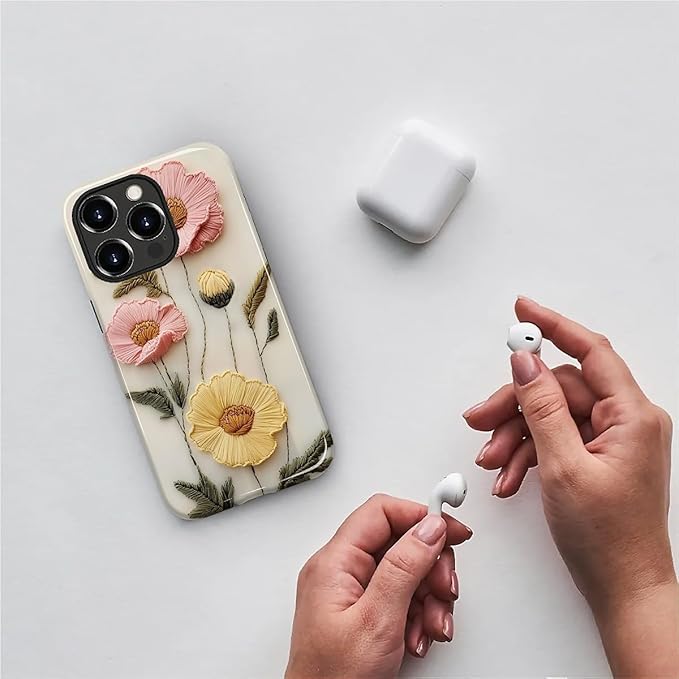 Case for iPhone 14 Pro Case,Faux Embroidery Boho Floral Design - Hybrid Dual Protection Silicone + Hard PC Shockproof Full Body Cover Slim Anti-Scratch Protective Case for Men Women