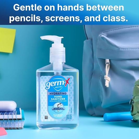 Germ-X Hand Sanitizer, Hydrating with Hyaluronic Acid, 8 Fl Oz Pump (Pack of 6) Instant & No Rinse Formula for All Skin Types, Back to School Supplies, Formulated without Parabens, Phthalates & Dyes