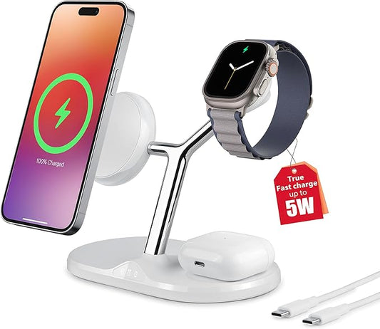 3-in-1 Wireless Charging Station for Apple Devices - Fast Charging Station for iPhone and Watch with MagSafe, Stable Charger Stand for iPhone 12-15 & iPhone 16 & iWatch & AirPods, Adapter Not Included