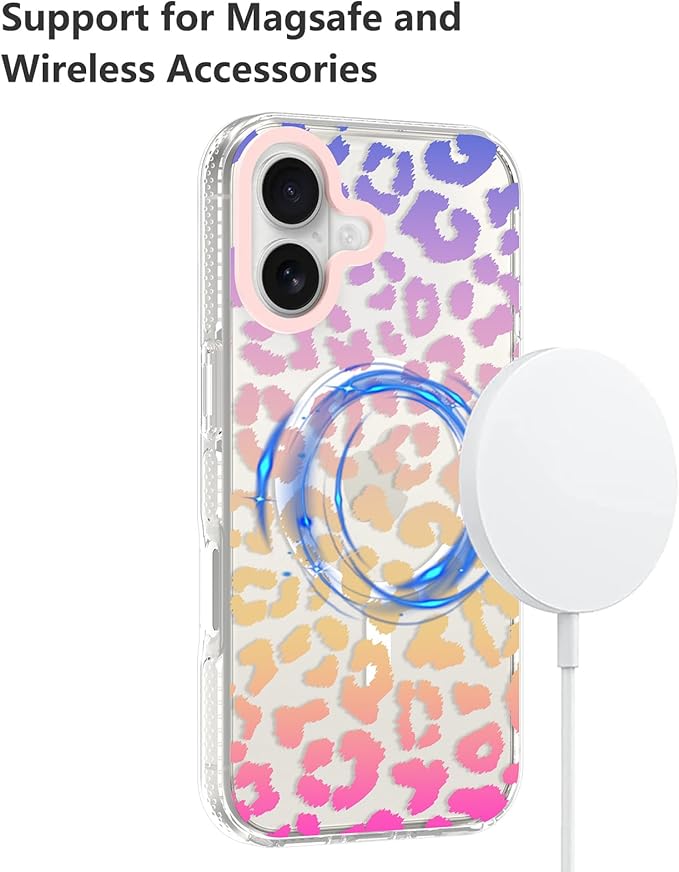 SAKUULO Magnetic for iPhone 16 Case Colourful Leopard Print Pattern [Compatible with MagSafe] [with Screen Protector] Wireless Charge Strengthen Protection Cover, Colourful Leopard (6.1")