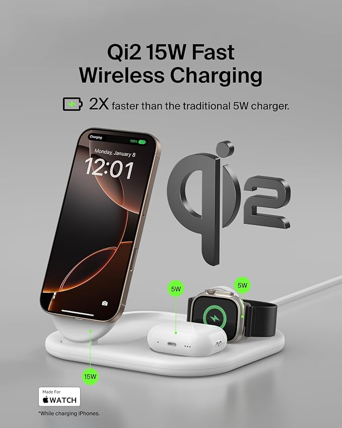 Belkin 3-in-1 MagSafe-Compatible iPhone Charger 15W, Foldable Magnetic Qi2-Certified Wireless Charging Station for iPhone 17, Apple Watch Series 10, AirPods 4, Pixel 10, w/Non-Slip Base & PSU - White