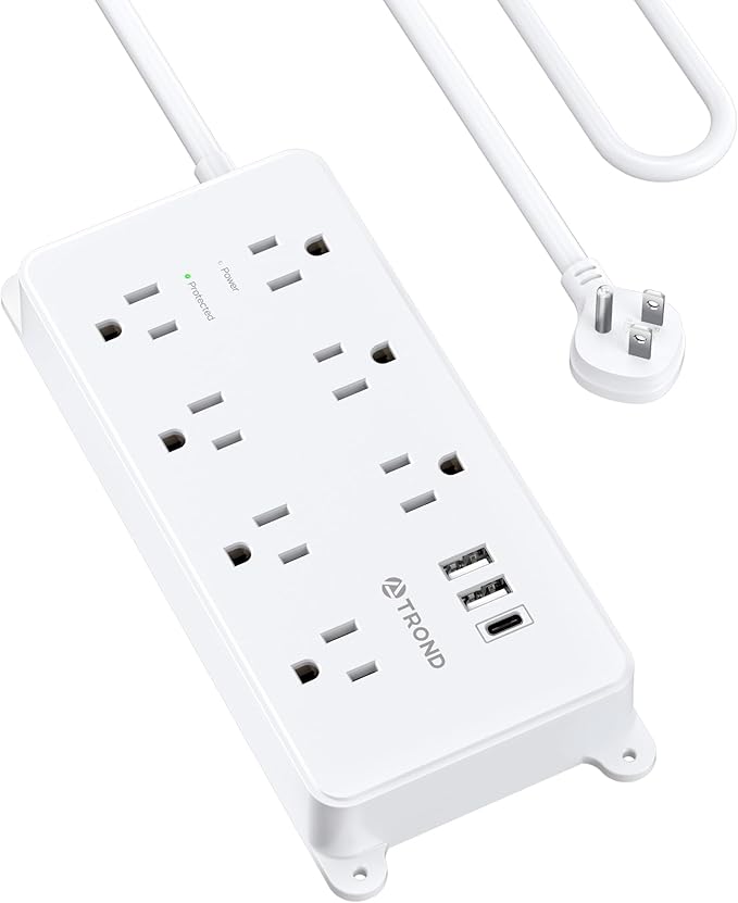 TROND Surge Protector Power Strip 10ft, ETL Listed, Flat Plug Long Extension Cord with 2 USB A and 1 USB C, 7 Widely-Spaced Outlets, Wall Mountable, 1700 Joules, White