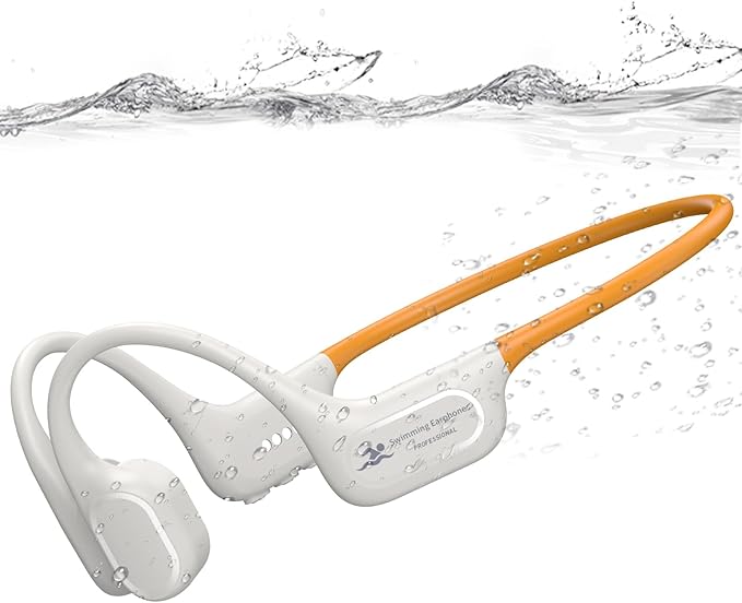 Bone Conduction Swimming Headphones, IP68 Waterproof Earbuds with 32GB MP3, Bluetooth 5.4 Open Ear Sport Earphones, Underwater Headphones for Swimming, Running, Cycling, Marathon-SurfAudio(Beige)