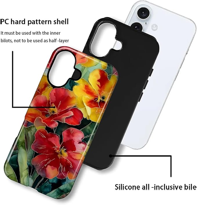 Case for iPhone 16 Case,Vintage Floral Girly Design - Hybrid Dual Protection Silicone + Hard PC Shockproof Full Body Cover Slim Anti-Scratch Protective Case for Men Women
