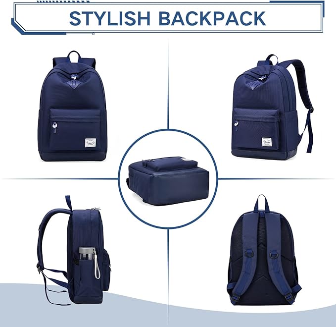VASCHY Backpack for Men Women, Water-Resistant School Backpack Bookbag Daypack for Teens/College Students Plain Blue