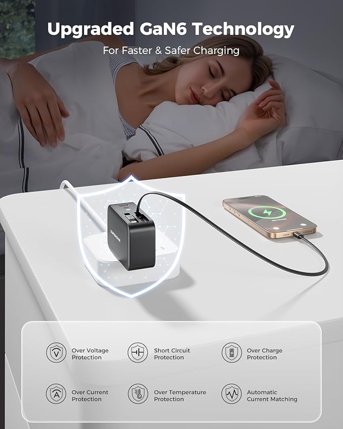 SUPERONE Retractable iPhone charger, 4-Port USB C Charger Block, iPhone Chargers Fast Charging with USB C & Apple Cable, Wall Chargers for iPhones 16/15/14/13/12/11 Series, Pad, Samsung, Pixel - Black