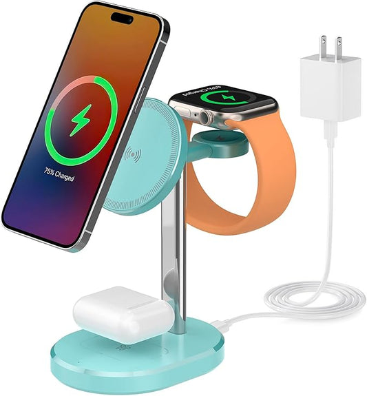 3 in 1 Wireless Charging Station,Detachable Apple Watch Charger & 15W Charger Stand for MagSafe for iPhone, Wireless Charger for Multiple Devices iPhone 16/15/14/13&Watch&AirPods(Green)