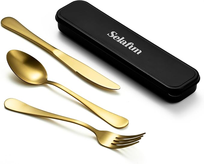 4-pieces Travel Set with Case Portable Silverware Utensils Set for work, Stainless Steel Reusable Flatware Set Cutlery Set for Camping Picnic Hiking Office (8inch, Matte Gold)