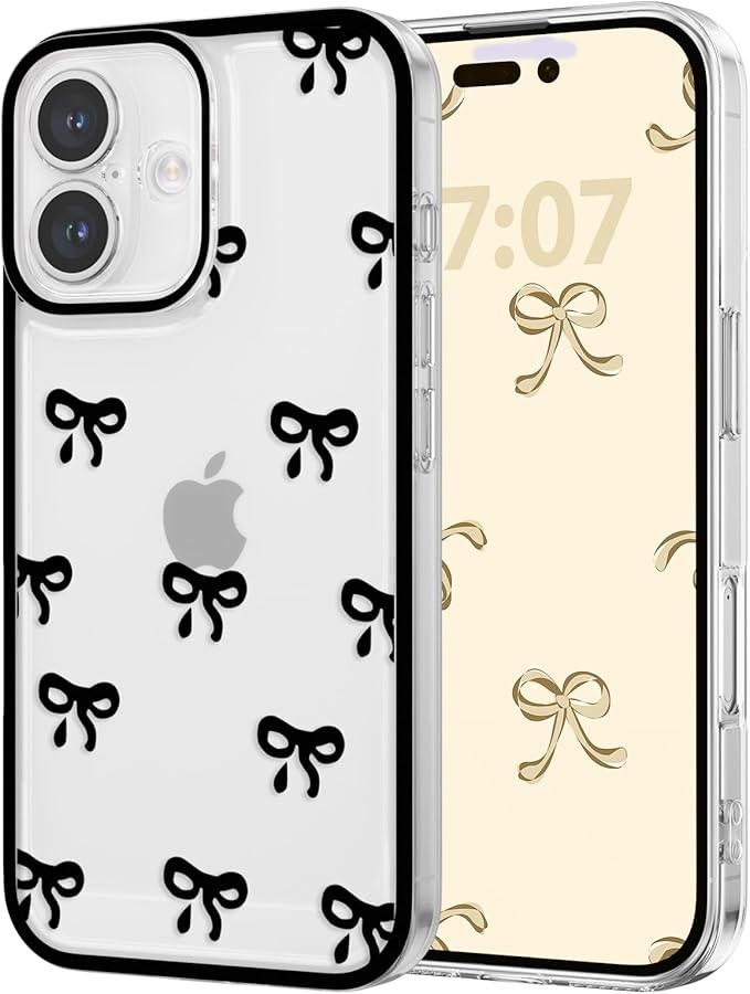 EYZUTAK Case for iPhone 16, Clear Cute Ribbon Bowknot Pattern Aesthetic Transparent Phone Case Raised Camera Protection Stylish Slim Soft Durable TPU Protective Cover for Women Girls - Black