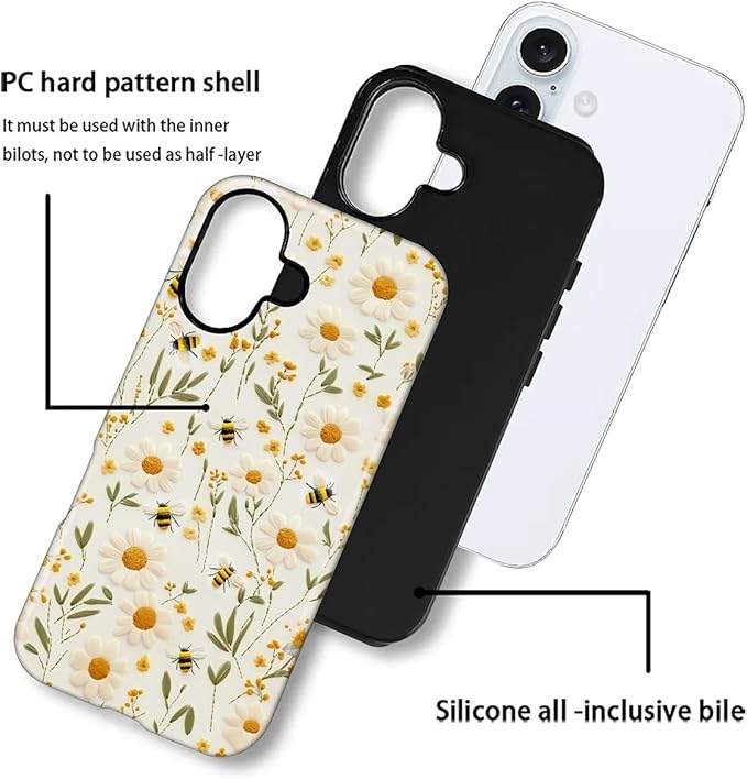 Case for iPhone 16 Plus Case,Bees Sunflowers Design - Hybrid Dual Protection Silicone + Hard PC Shockproof Full Body Cover Slim Anti-Scratch Protective Case for Men Women