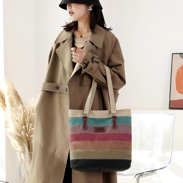 Striped Canvas Tote Bag - Multi-Color Crossbody Shoulder Purse Tote-Handbag for Women