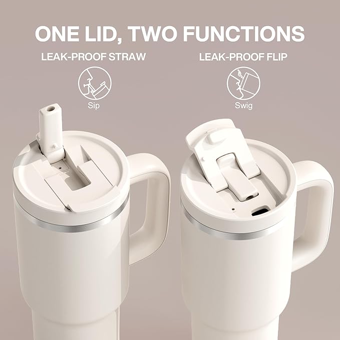 32 oz Tumbler with Handle and Straw: Stainless Steel Insulated Tumbler Keeps Cold for 24 Hours, Leakproof Travel Cup Fits in Cup Holder and BPA-Free, Cream Moon