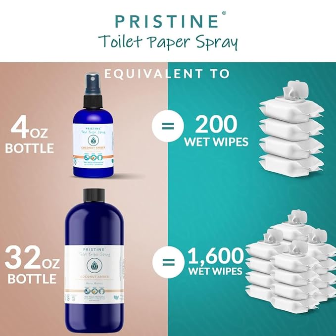 PRISTINE Toilet Paper Spray- As Seen on Shark Tank, More Natural Personal Cleansing Wipes & Flushable Wet Wipes Alternative, Spray Toilet Paper to Create Flushable Wipe, Coconut Amber, 32 fl oz Refill