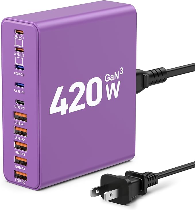 420W USB C Charger Block,10-Port Charging Station GaN Fast Charging Type C & USB A Wall Charger Adapter for MacBook Pro/Air,iPhone,iPad,Dell XPS,Samsung Galaxy(Purple)