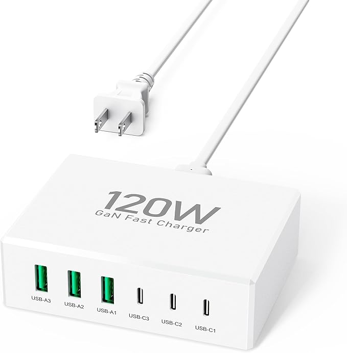 USB C Fast Charger Block,120W GaN 6 Ports PD Type C Wall Charging Station Hub for Multiple Devices,Super Fast USB A Charger Power Adapter Plug Box for iPhone16 15 14 13 12, AirPods4，watch10 ultra2