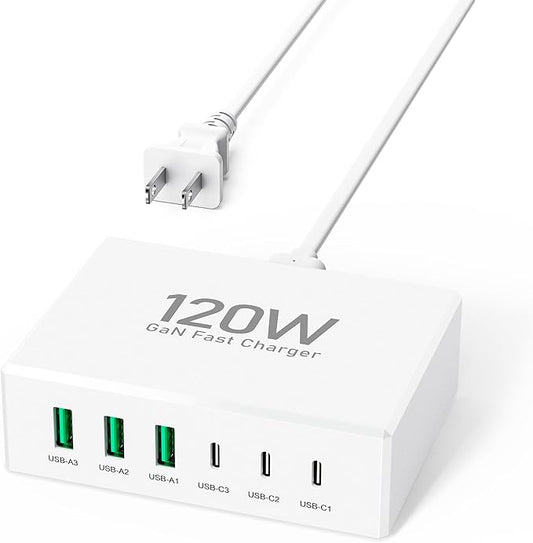 USB C Fast Charger Block,120W GaN 6 Ports PD Type C Wall Charging Station Hub for Multiple Devices,Super Fast USB A Charger Power Adapter Plug Box for iPhone16 15 14 13 12, AirPods4，watch10 ultra2