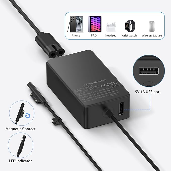 Surface Pro Charger 65W for Microsoft Surface Pro Charger 10,9, 8, 7+, 7, 6, 5, 4, 3, X, Windows Surface Laptop 5, 4, 3, 2, 1, Studio Surface Go Tablet, Surface Book 3, 2, 1,10FT Cord,Support 44W 36W