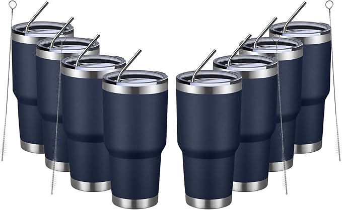 MEWAY 30oz Insulated Tumbler With Lids and Straws,Stainless Steel Double Vacuum Coffee Tumbler Cup, Brush, Durable Powder Coated Coffee Cup for Cold & Hot Drinks(Navy,8 PACK)