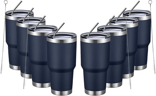 MEWAY 30oz Insulated Tumbler With Lids and Straws,Stainless Steel Double Vacuum Coffee Tumbler Cup, Brush, Durable Powder Coated Coffee Cup for Cold & Hot Drinks(Navy,8 PACK)
