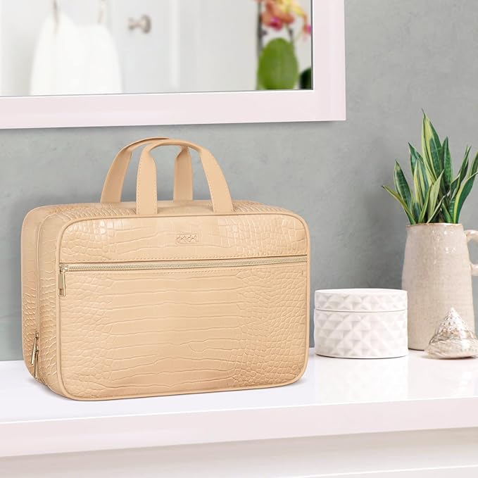 Dot&Dot Spacious Leather Toiletry Bathroom Bag - Hanging Travel Toiletry Bag for Women - Men's & Women's Toiletries Makeup and Cosmetic Organizer for Traveling Women