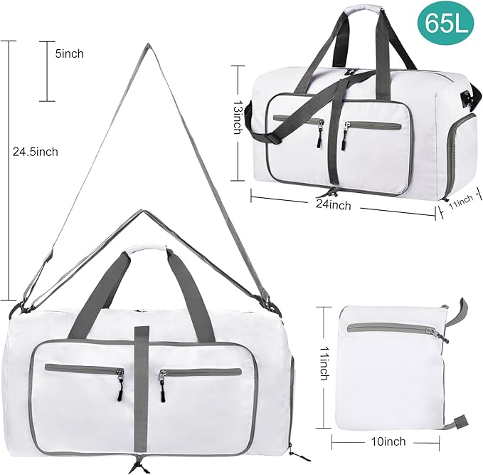 Dimayar 65L Travel Duffle Bag for Men Women - Foldable Duffel Bag with Shoes Compartment - Overnight Bags Waterproof & Tear Resistant(White)