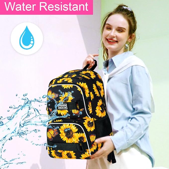 3Pcs Backpack for Girls Women, 17 Inches Sunflower Laptop Backpacks with Lunch Bag, Water Resistant College School Bookbag Set for Teens Students(Yellow)