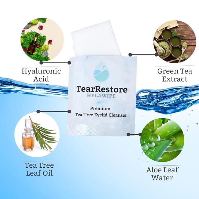 TearRestore Tea Tree HylaWipe Eyelid Wipes - 30 Count | Hydrating Eye Lid Cleanser | Blepharitis Treatment for Eyelids | Eye Lid Cleansing Wipes | Eyes Wipe for Dry, Red, Itchy, And Irritated Eyes