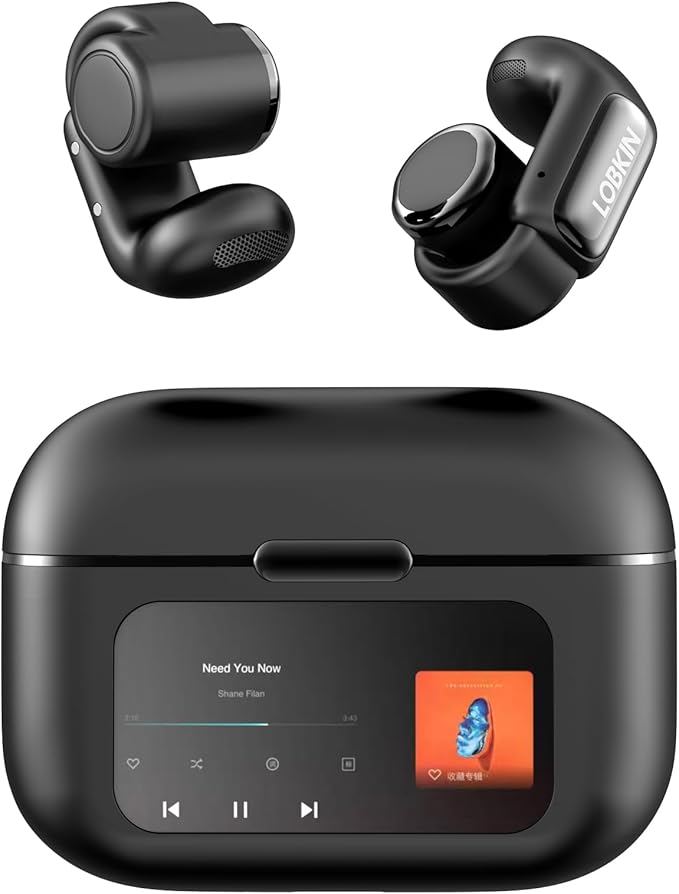 LOBKIN Open Ear Clip On Earbuds Wireless Bluetooth, Waterproof Clip On Headphones, Lightweight, Comfortable for Small Ears Women, Clip On Ear Buds with Mic, LED Display, Sports Running Workout Black