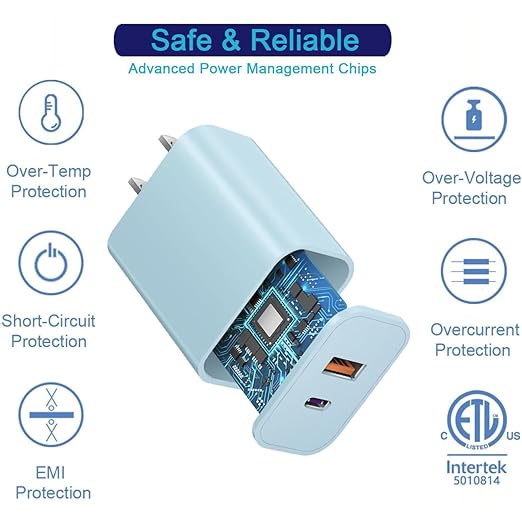 USB C Wall Charger Block, 3Pack 20W Dual Port PD Fast iPhone 16/15 Charger USB C Wall Charger Adapter + USB A Quick Charging Brick Plug for iPhone 15/14/13/12/11/Pro Max/Plus/XS/XR/X,iPad,AirPods-Blue